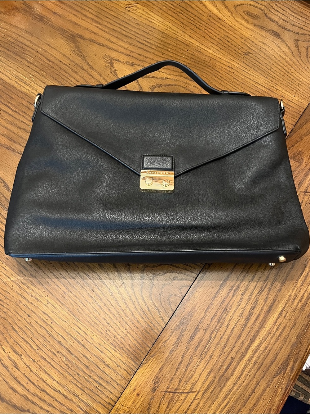 Levenger Black Leather Top-Handle Envelope Satchel with Gold Hardware
